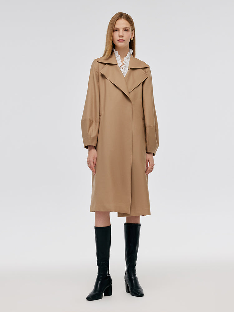 Worsted Wool Lantern Sleeve Women Trench Coat With Leather Belt