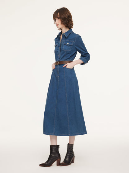 Denim Gathered Waist Women Maxi Dress With Belt