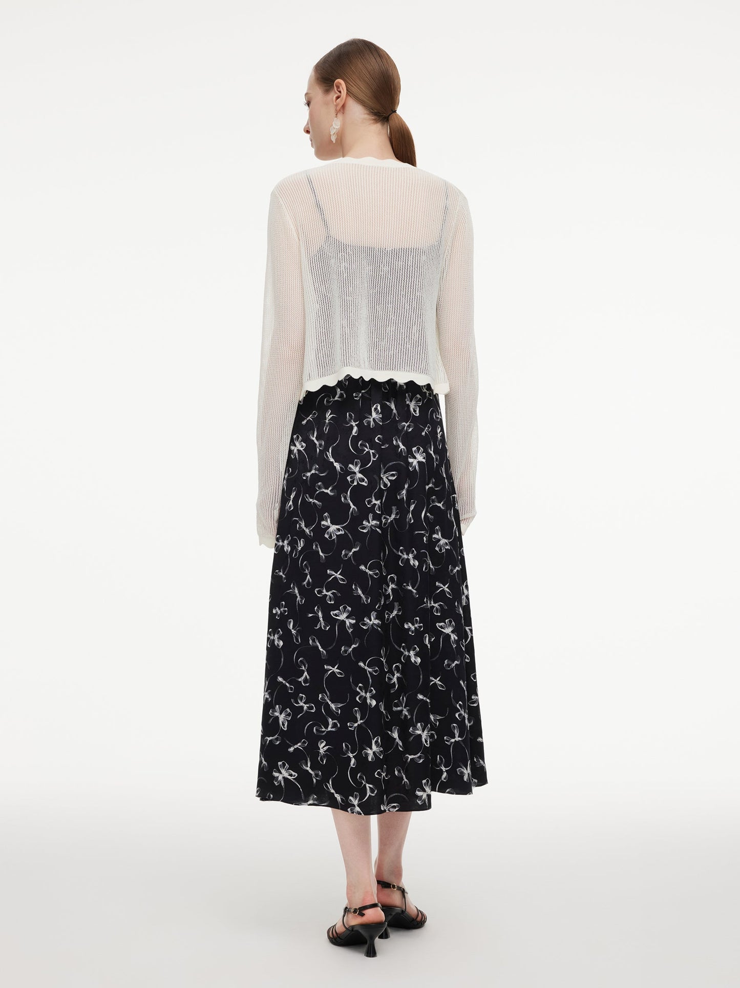 Ribbon Print Strap Dress And Cardigan Two-Piece Set