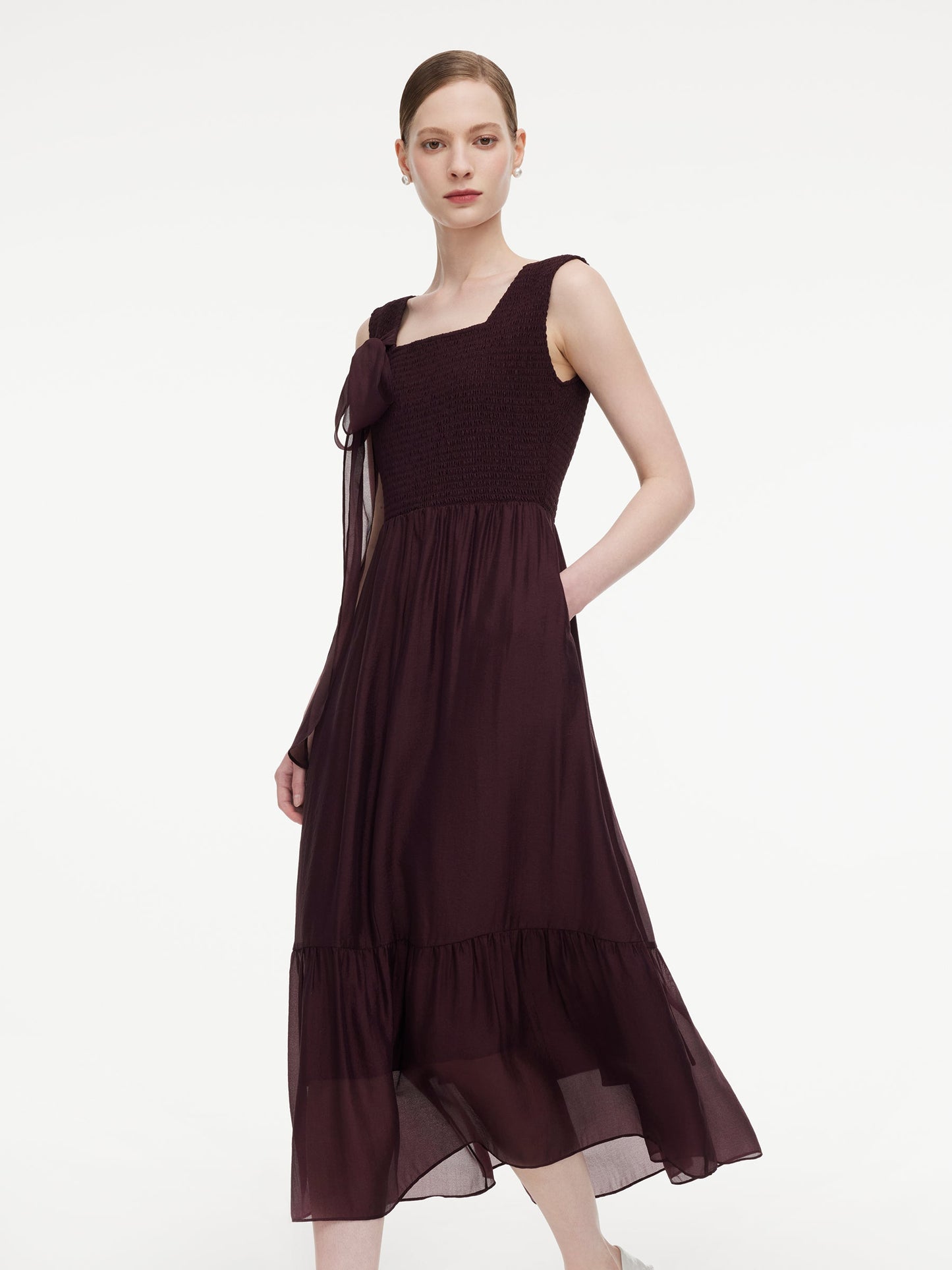 [Preview] Reversible A-Line Women Sleeveless Maxi Dress With Bowknot Ribbon