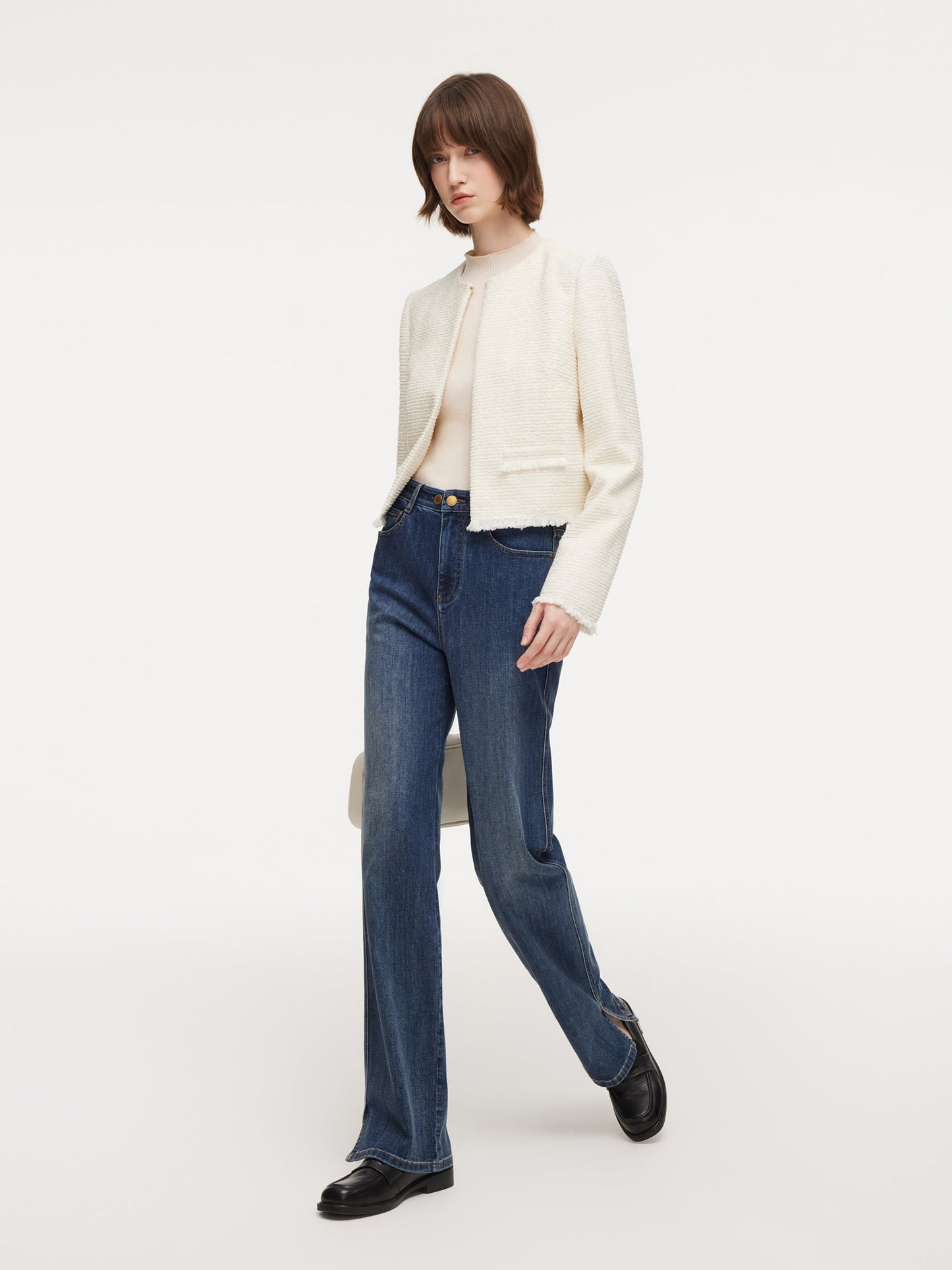 Tweed Round Neck Frayed Hem Women Cropped Jacket