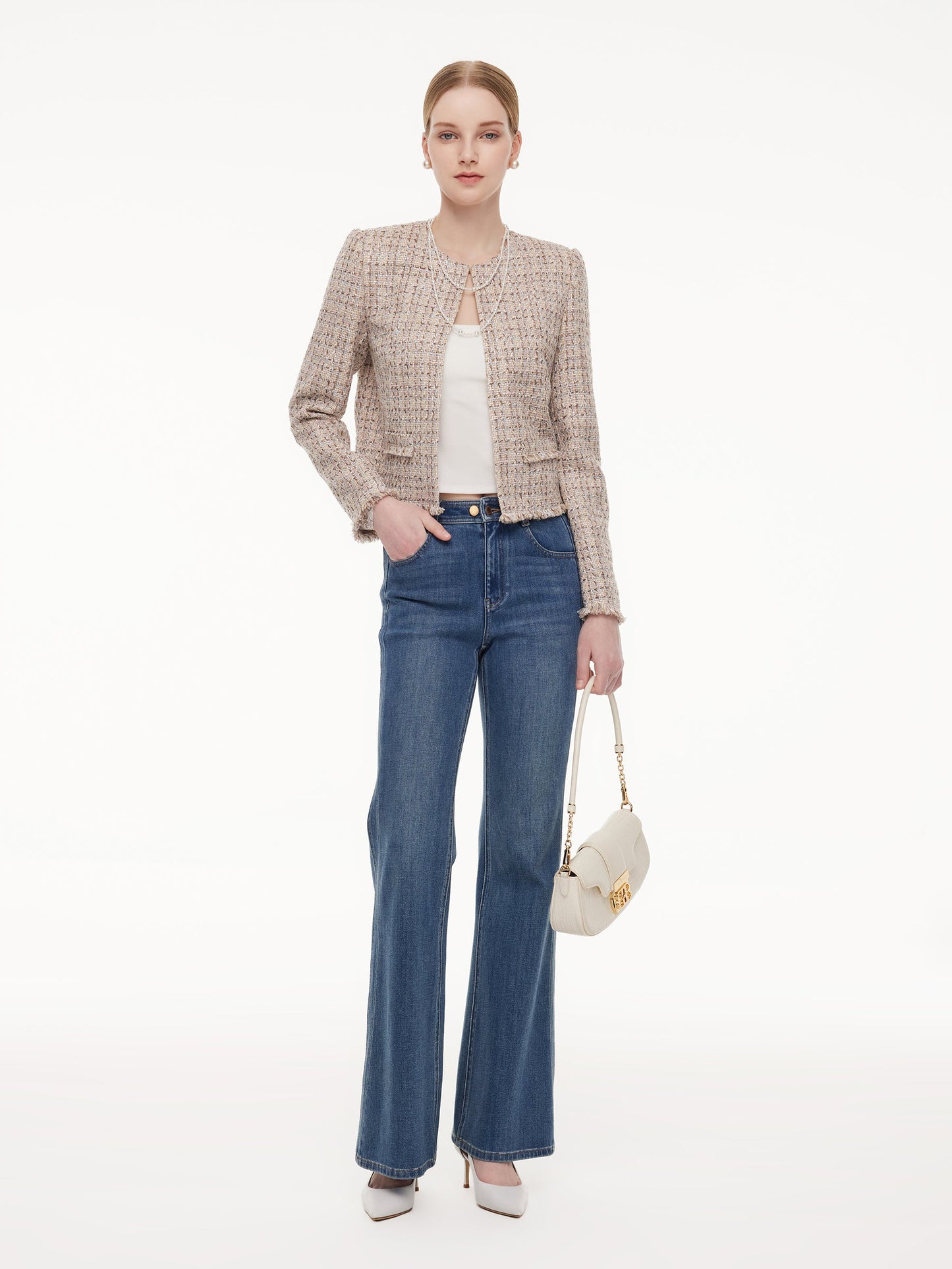 Wool Blend Textured Tweed Frayed Hem Women Jacket