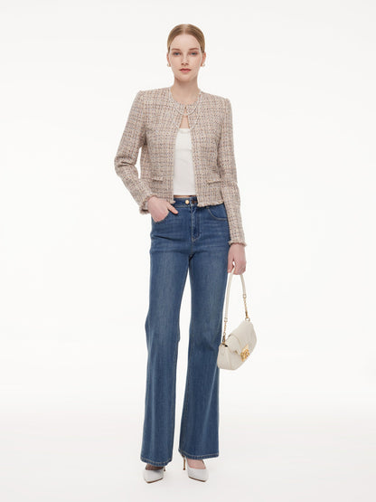 Wool Blend Textured Tweed Frayed Hem Women Jacket