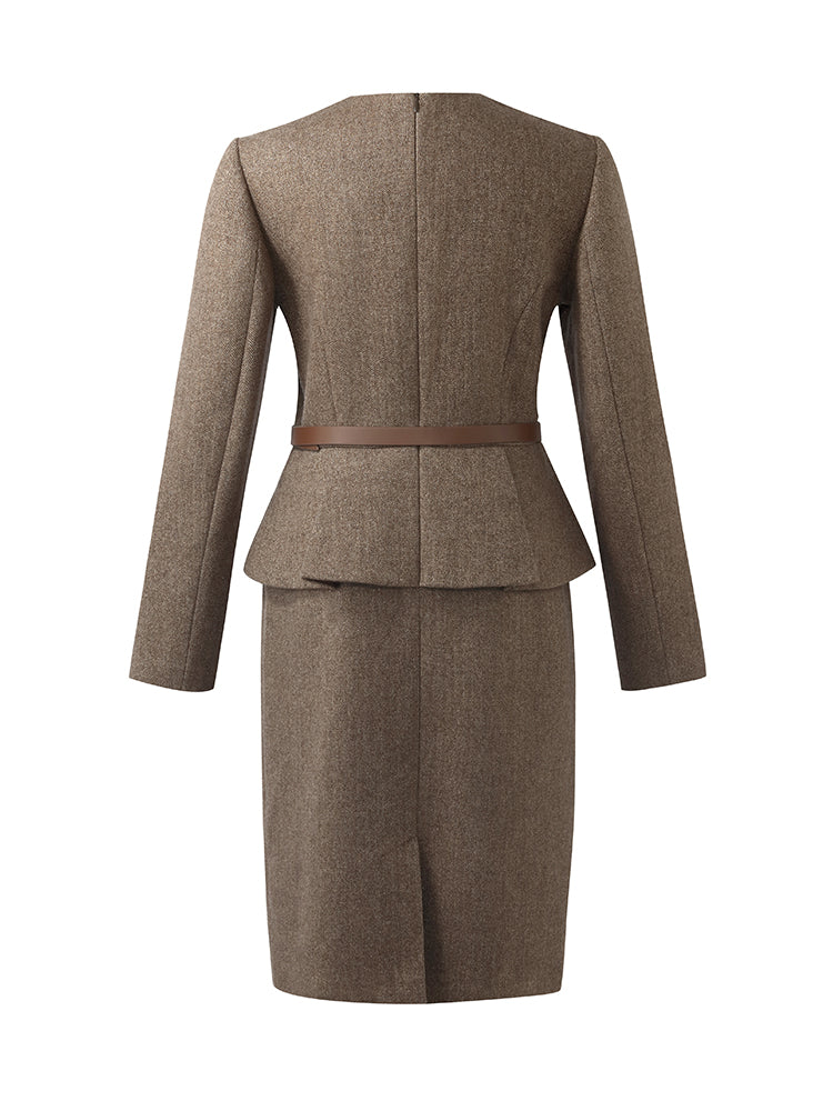 Washable Wool Faux-Layered Women Mini Dress With Belt