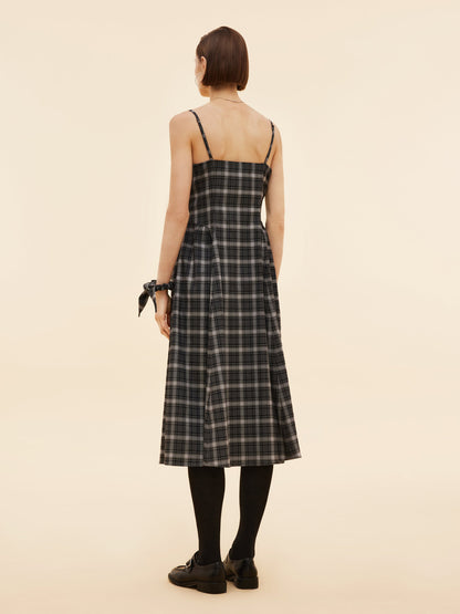 Black And Grey Plaid Women Strap Midi Dress
