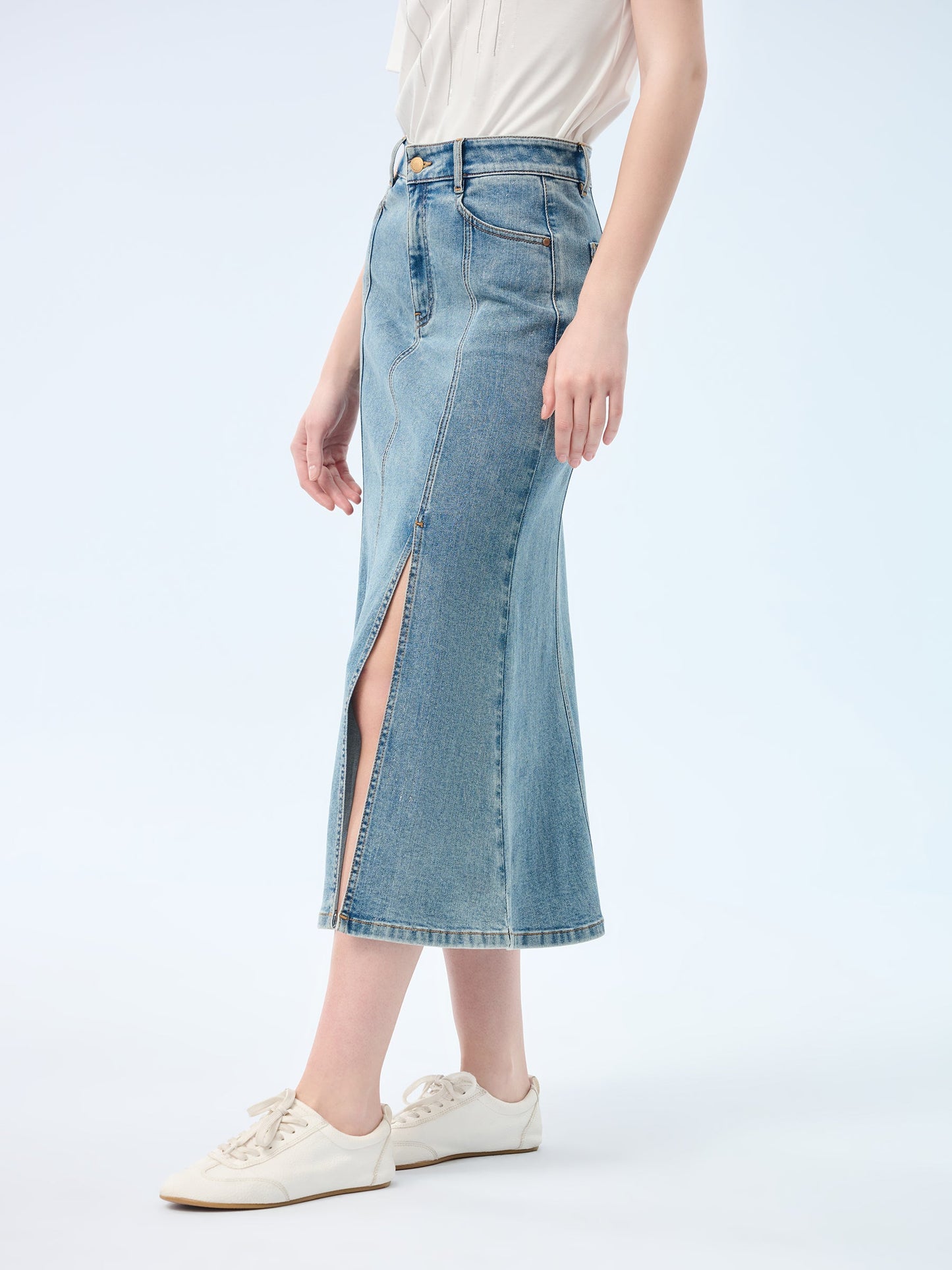 Denim Side Slit Women Eight-Panel Skirt