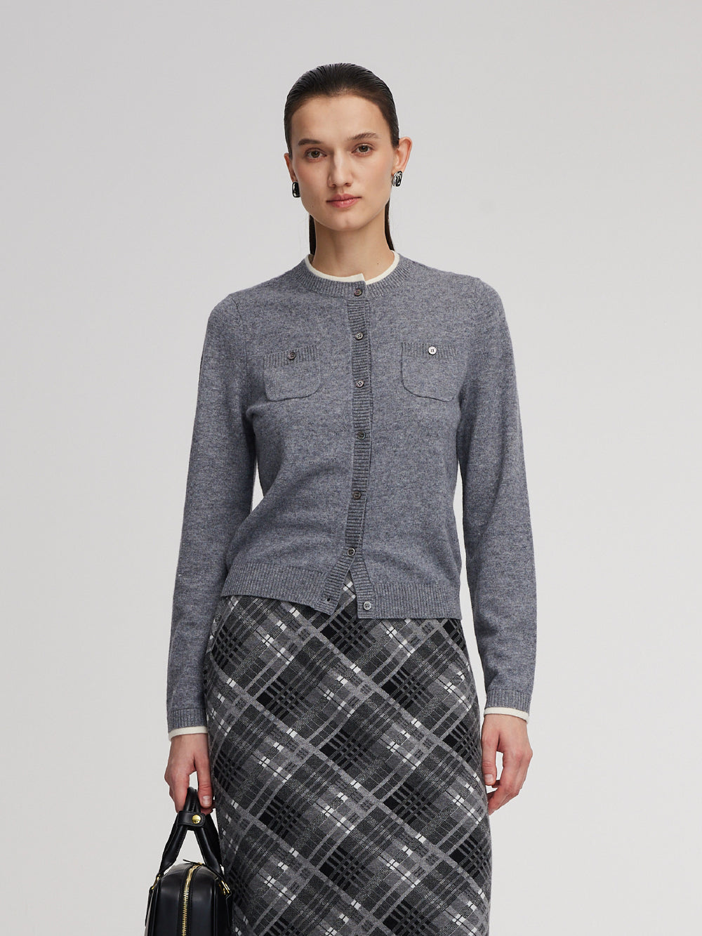 100% Wool Contrast Trim Women Cardigan