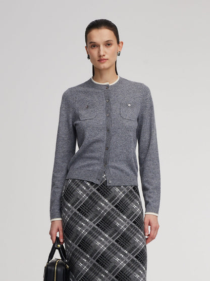 100% Wool Contrast Trim Women Cardigan