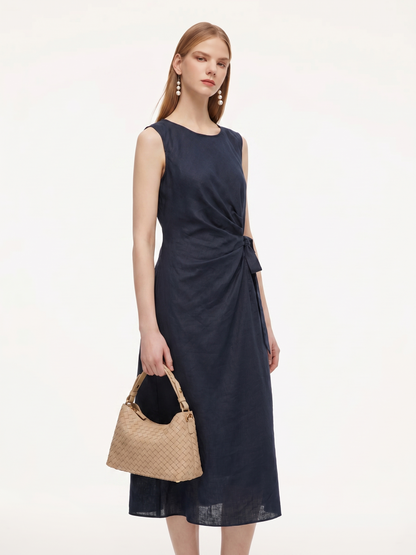 100% Linen Side Tie Women Sleeveless Maxi Dress