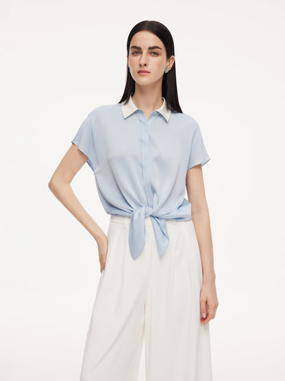 22MM Mulberry Silk Contrast Collar Tie Front Women Shirt