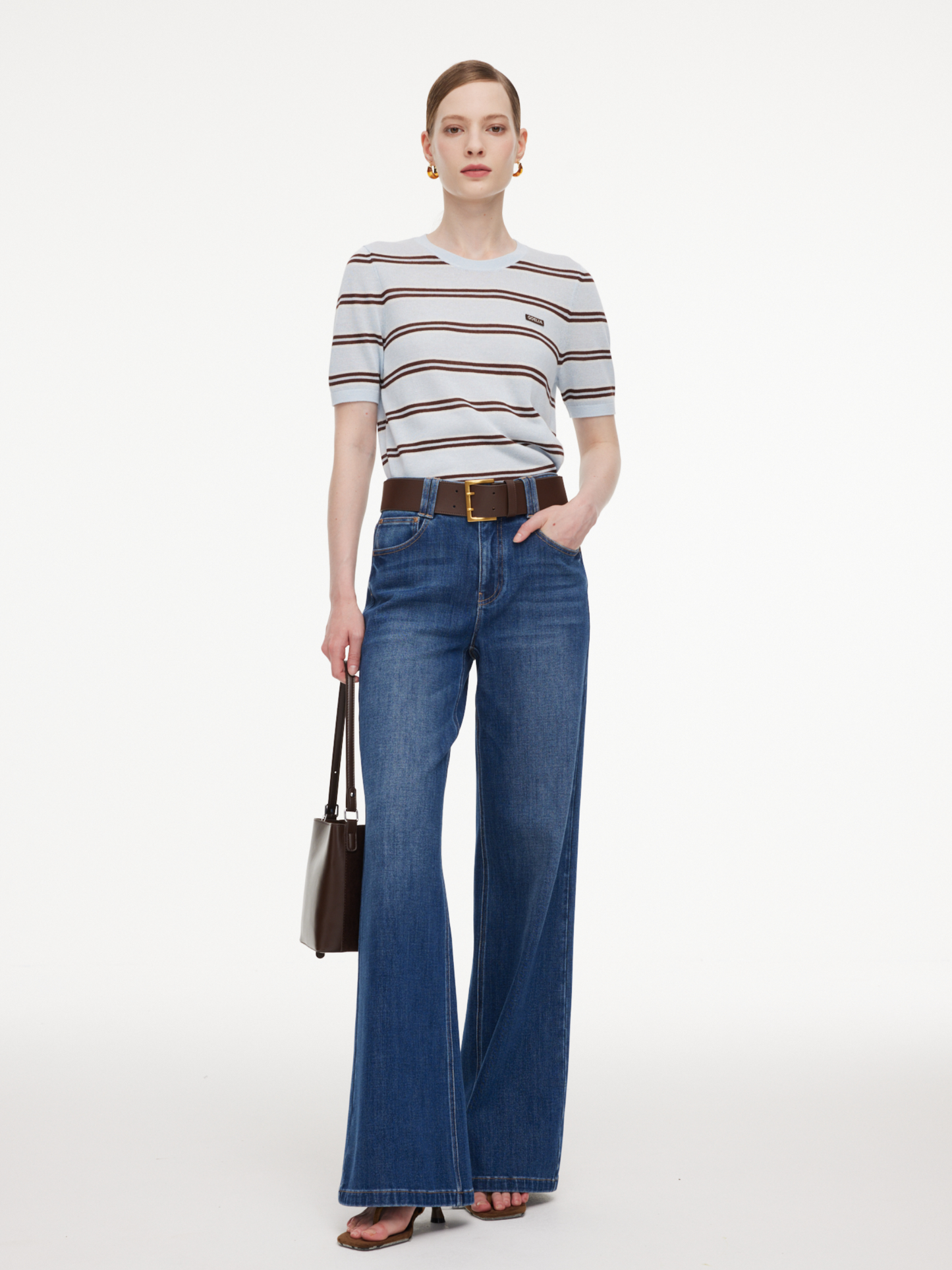 Lyocell Blend Denim Women Flared Palazzo Jeans With Belt