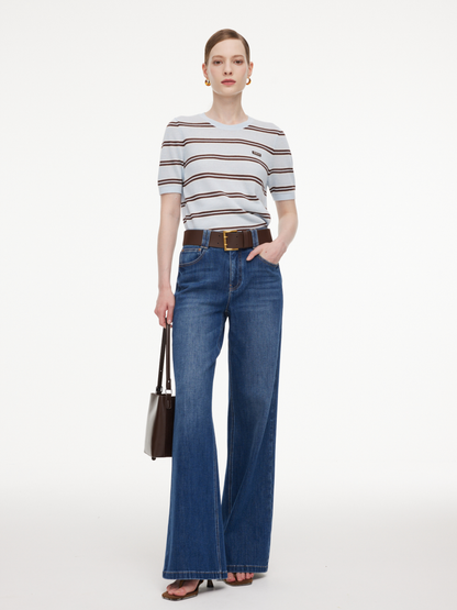 Lyocell Blend Denim Women Flared Palazzo Jeans With Belt