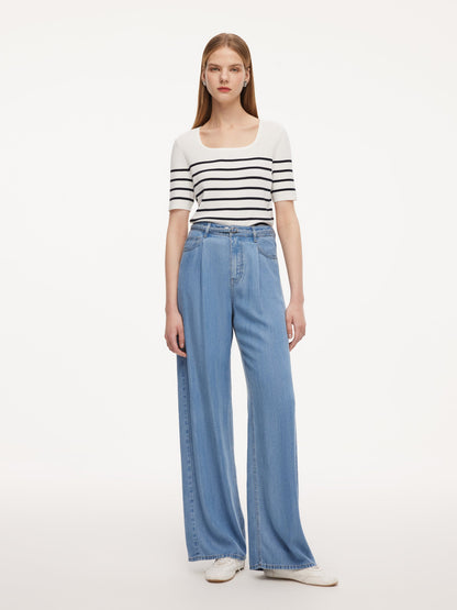 100% Lyocell Denim Women Straight Leg Jeans With Belt