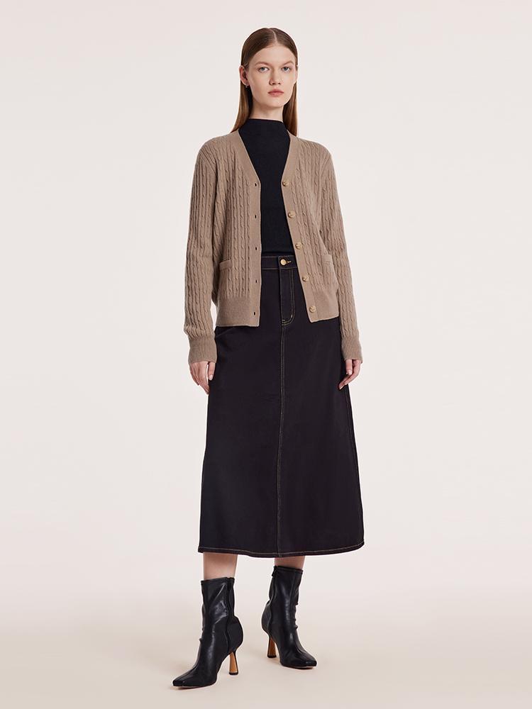 Camel Pure Cashmere V-Neck Cable Knit Women Cardigan