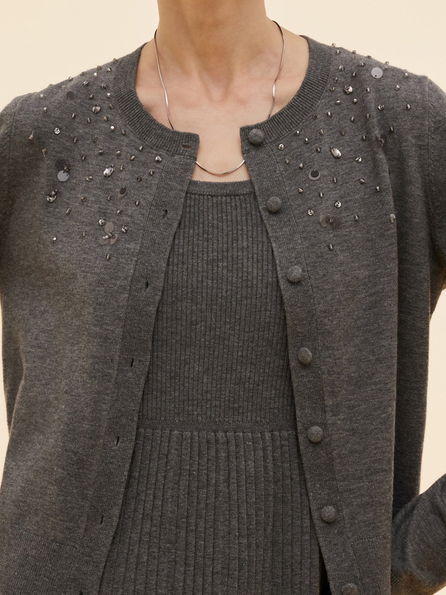 Beaded Sequins Cardigan And Pleated Sleeveless Midi Dress Two-Piece Set