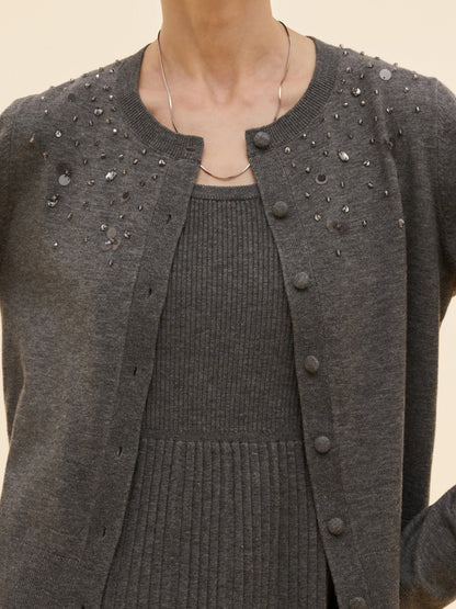 Beaded Sequins Cardigan And Pleated Sleeveless Midi Dress Two-Piece Set
