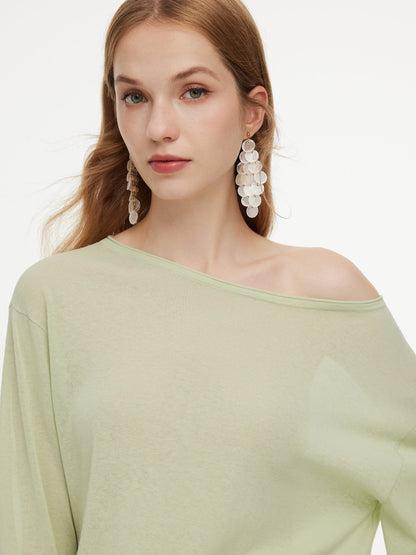 Triacetate Linen Cotton Blend Boat Neck Women Lightweight Knit Top