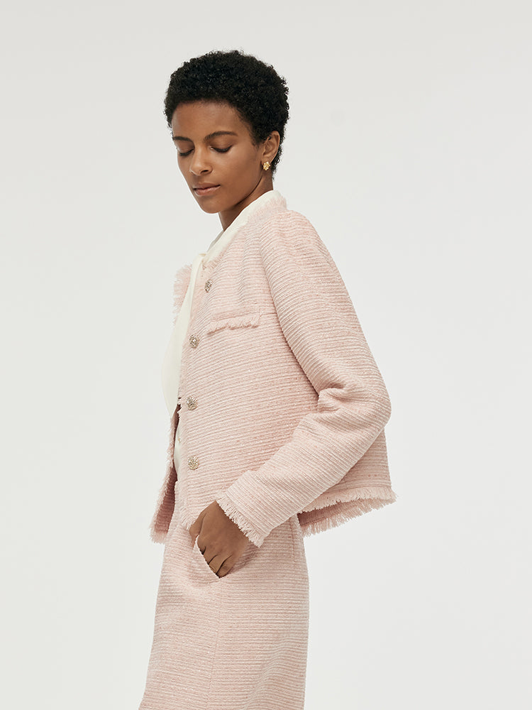 Tweed Collarless Women Crop Jacket