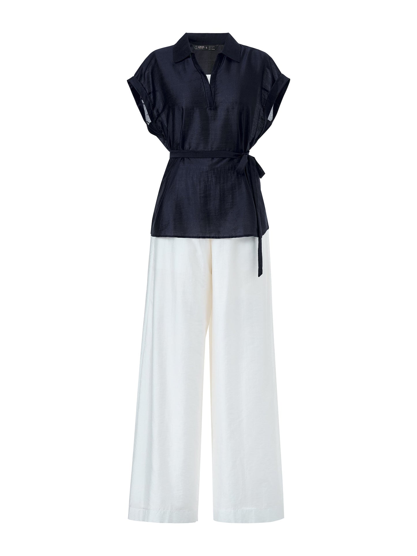 Pre-Order Tencel Blend Belted Blouse And Pants Two-Piece Set