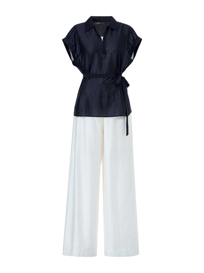 Pre-Order Tencel Blend Belted Blouse And Pants Two-Piece Set
