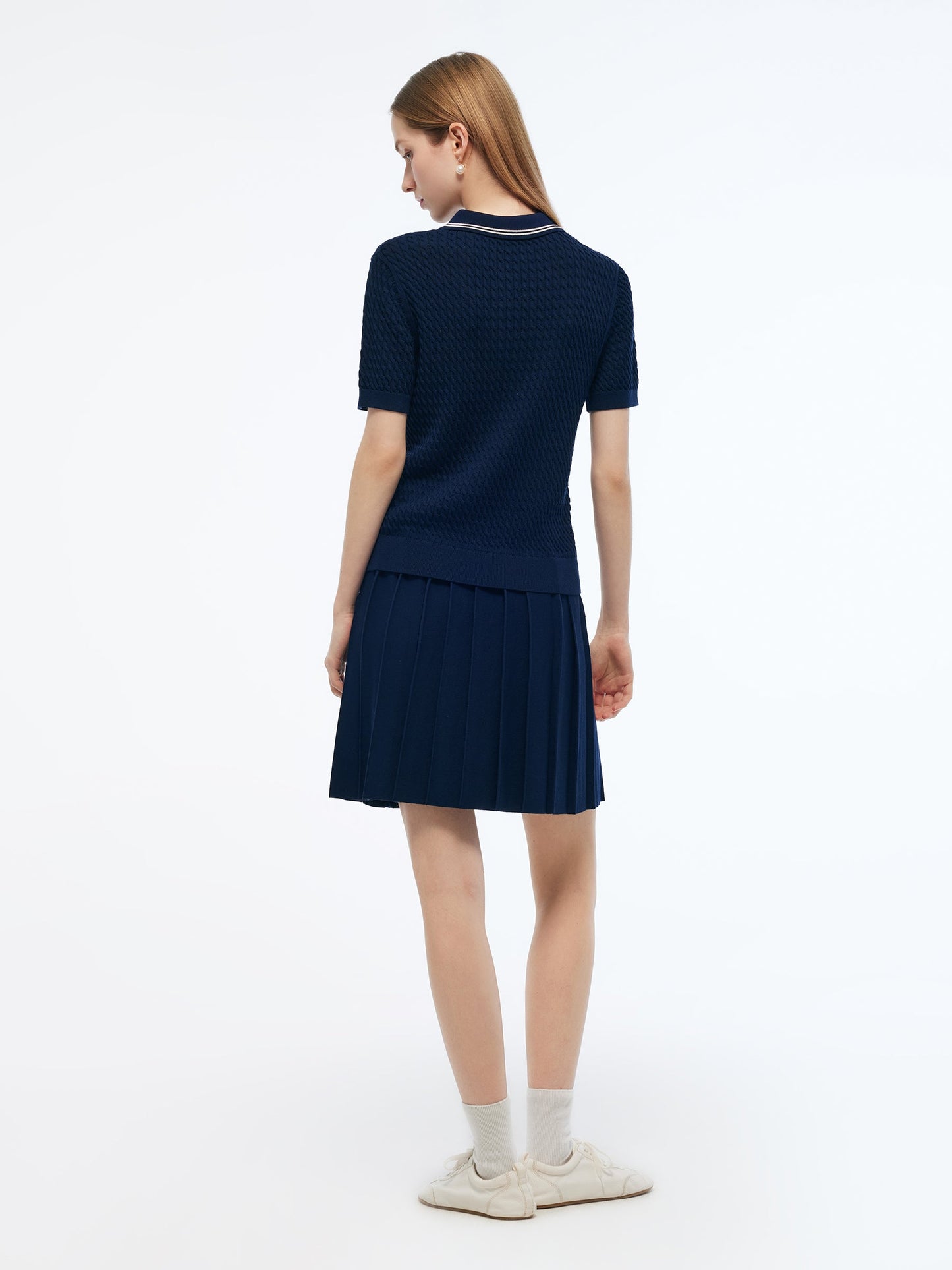 Lyocell Blend Polo Knit Top And Pleated Skirt Two-Piece Set