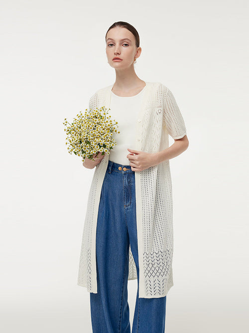 V-Neck Women Long Open-Knit Cardigan
