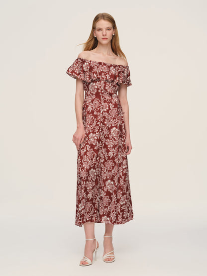 Marigold Floral Print Convertible Elastic Neck Women Maxi Dress