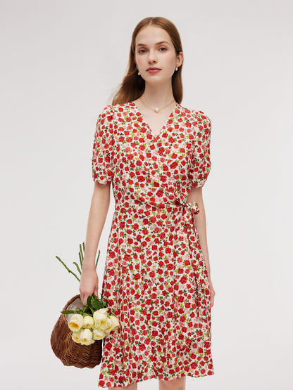 Tencel And Linen Blend Women Rose Print Midi Dress