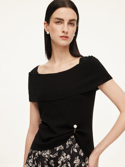 Lyocell Blend Off Shoulder Women Knit Top With Detachable Magnetic Flower