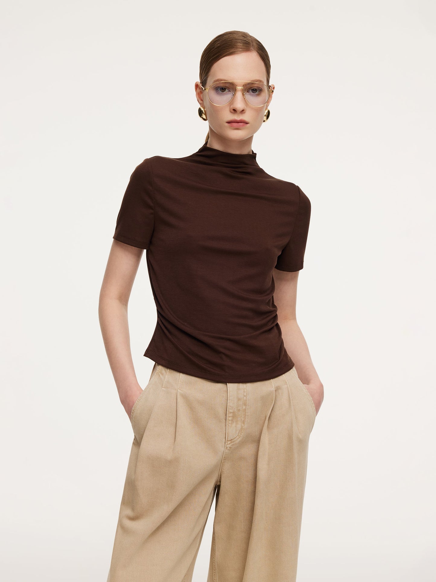 Tencel Blend Mock Neck Ruched Women Knit Top With Triangle Scarf
