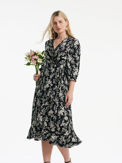 Camellia Print V-Neck Ruffle Hem Women Midi Wrap Dress