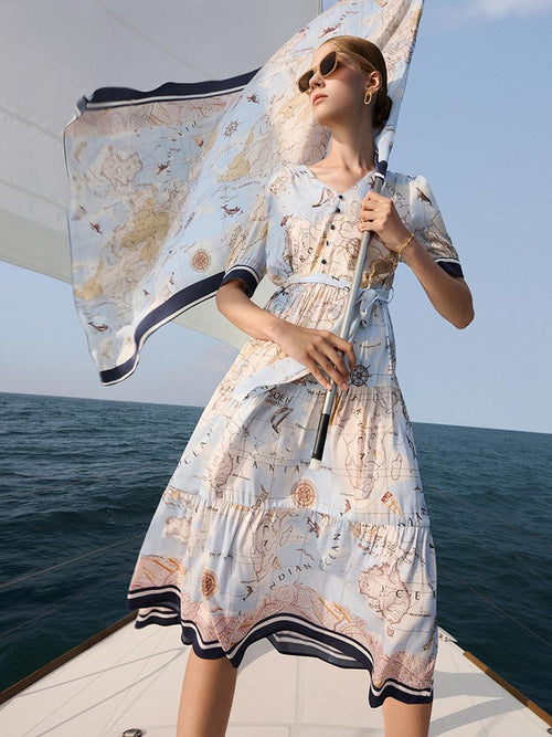 19 Momme Silk Map Print Midi Dress