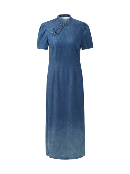 Gradient Denim Women Qipao Midi Dress