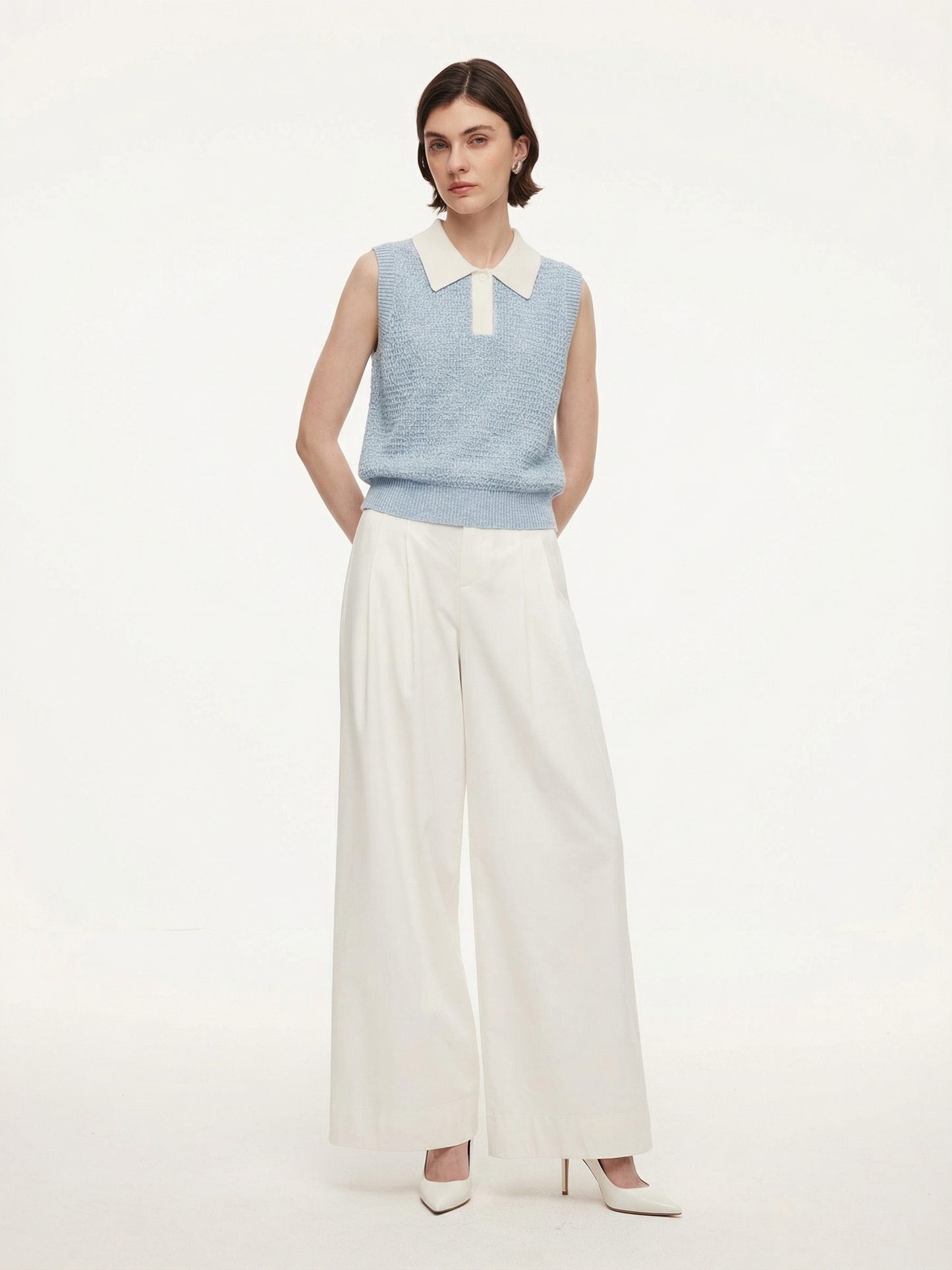 Contrast Collar Women Knit Polo Tank Top