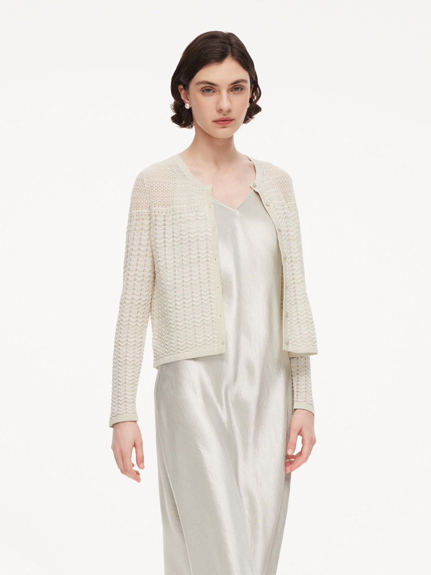 Acetate Cotton Blend Gradient Jacquard Women Openwork Cardigan