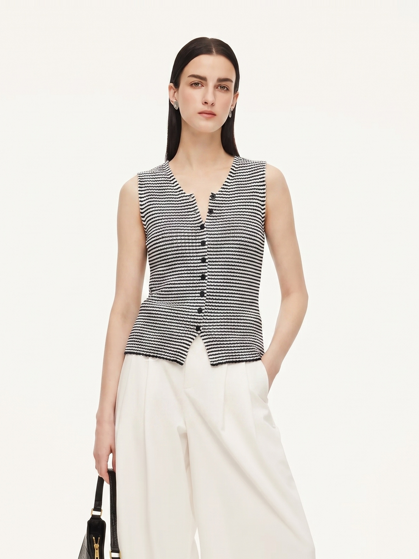 Cotton Blend Black And White Stripe Women Knit Vest