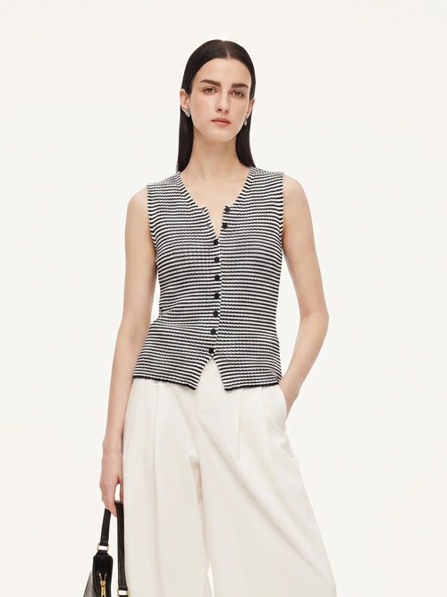 Cotton Blend Black And White Stripe Women Knit Vest