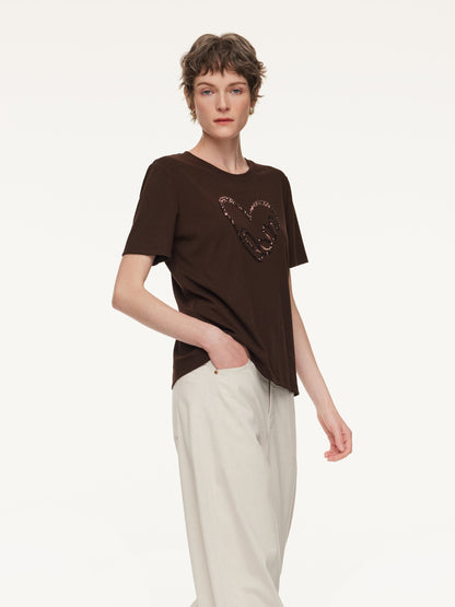Sequined Heart Round Neck Women T-Shirt