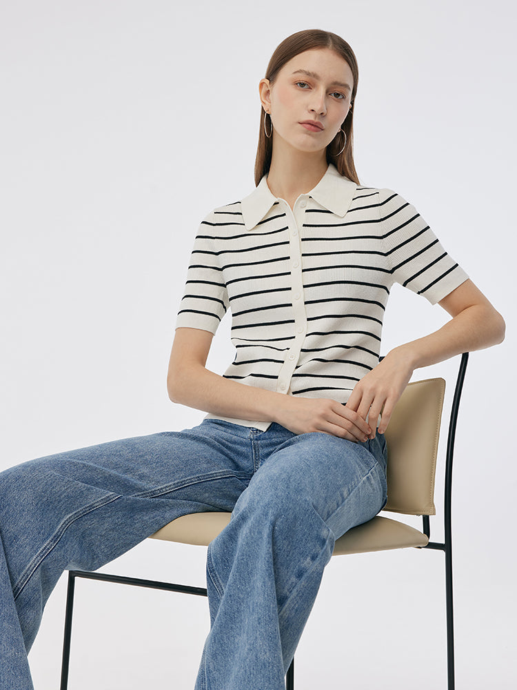 Tencel Stripe Women Short Sleeve Cardigan