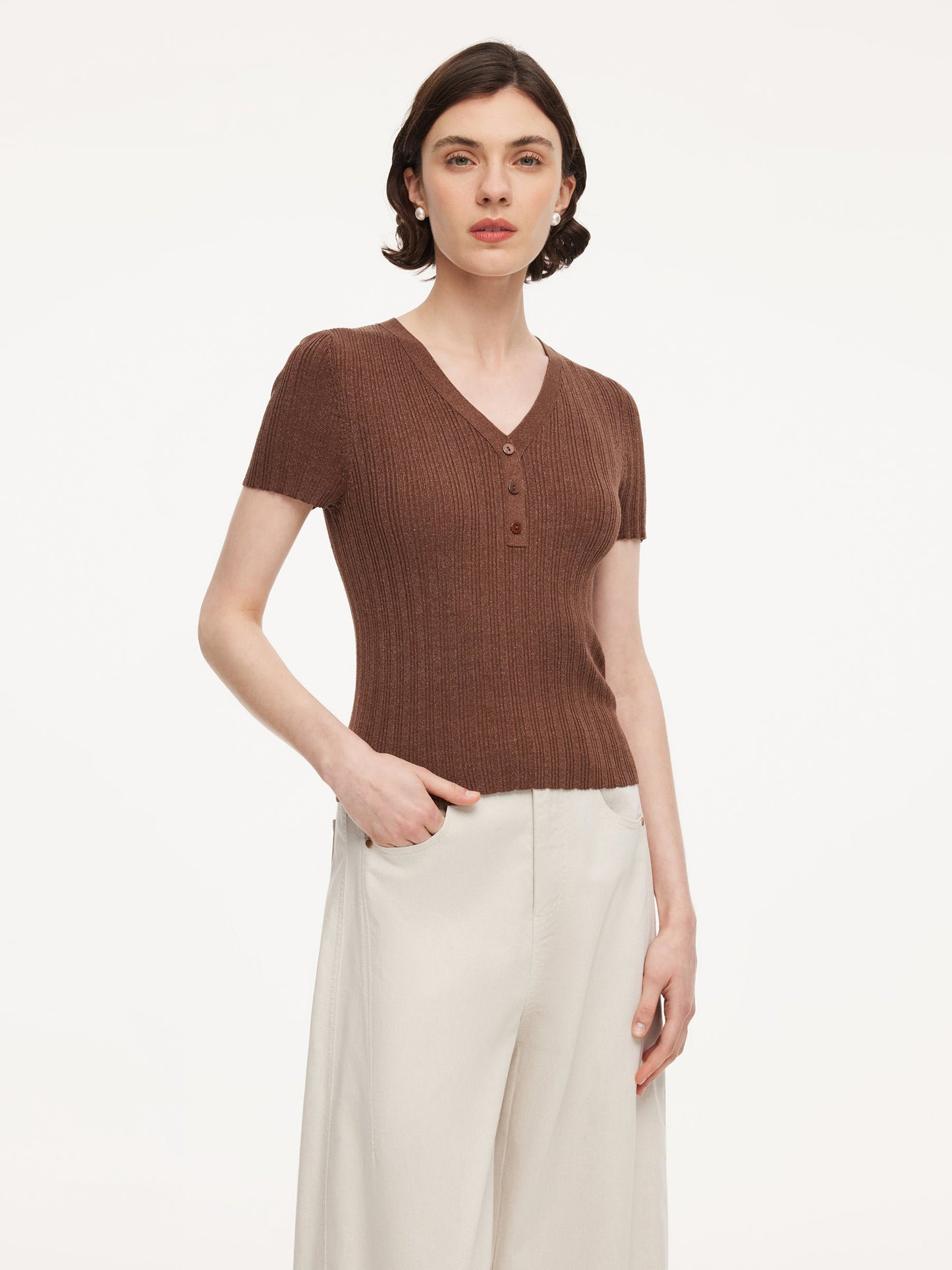 Tencel Blend V-Neck Women Glittering Knit Top
