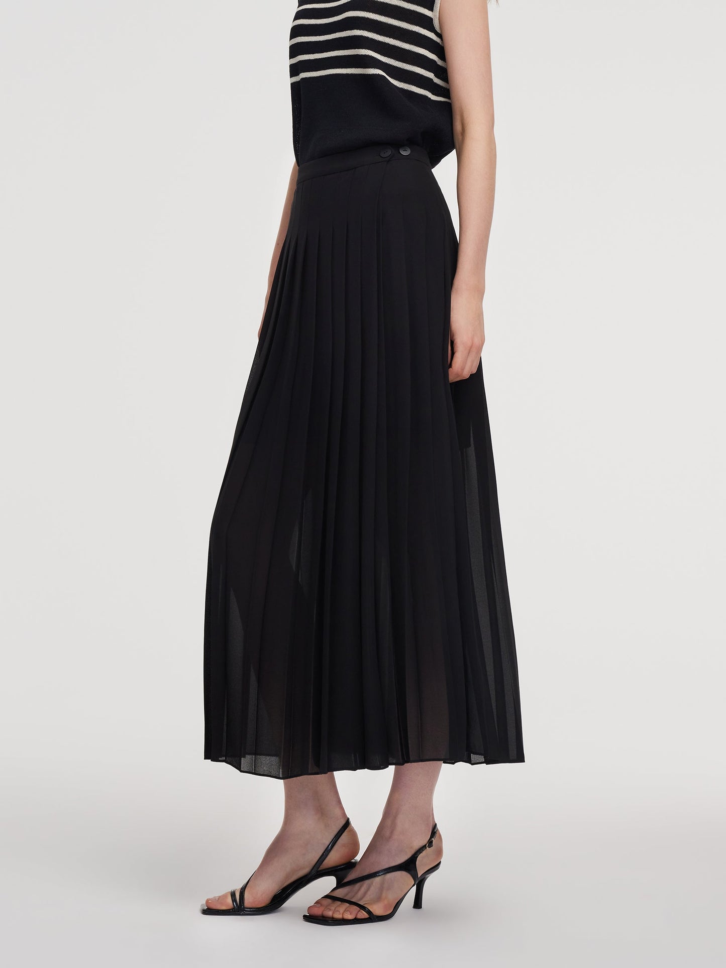 Adjustable Waist Side Slit Women Pleated Skirt