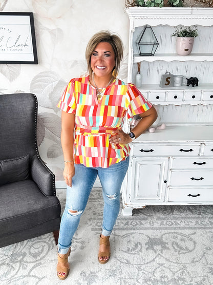 I Will Stay True Blouse - Red, Coral & Yellow