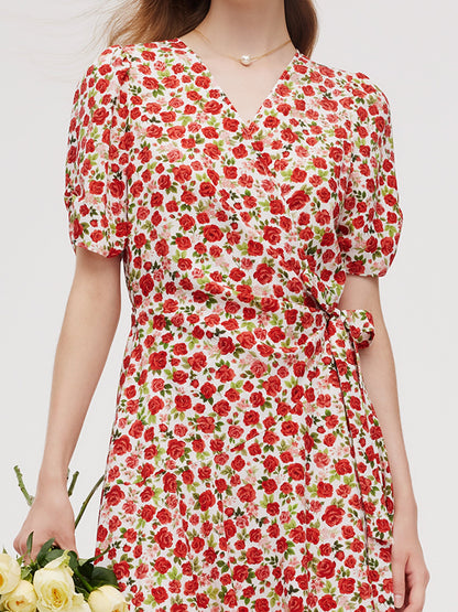 Tencel And Linen Blend Women Rose Print Midi Dress