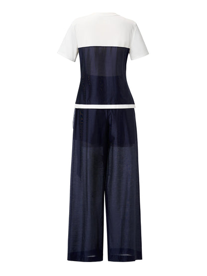 Tencel Blend Patchwork Top And Pants Two-Piece Set