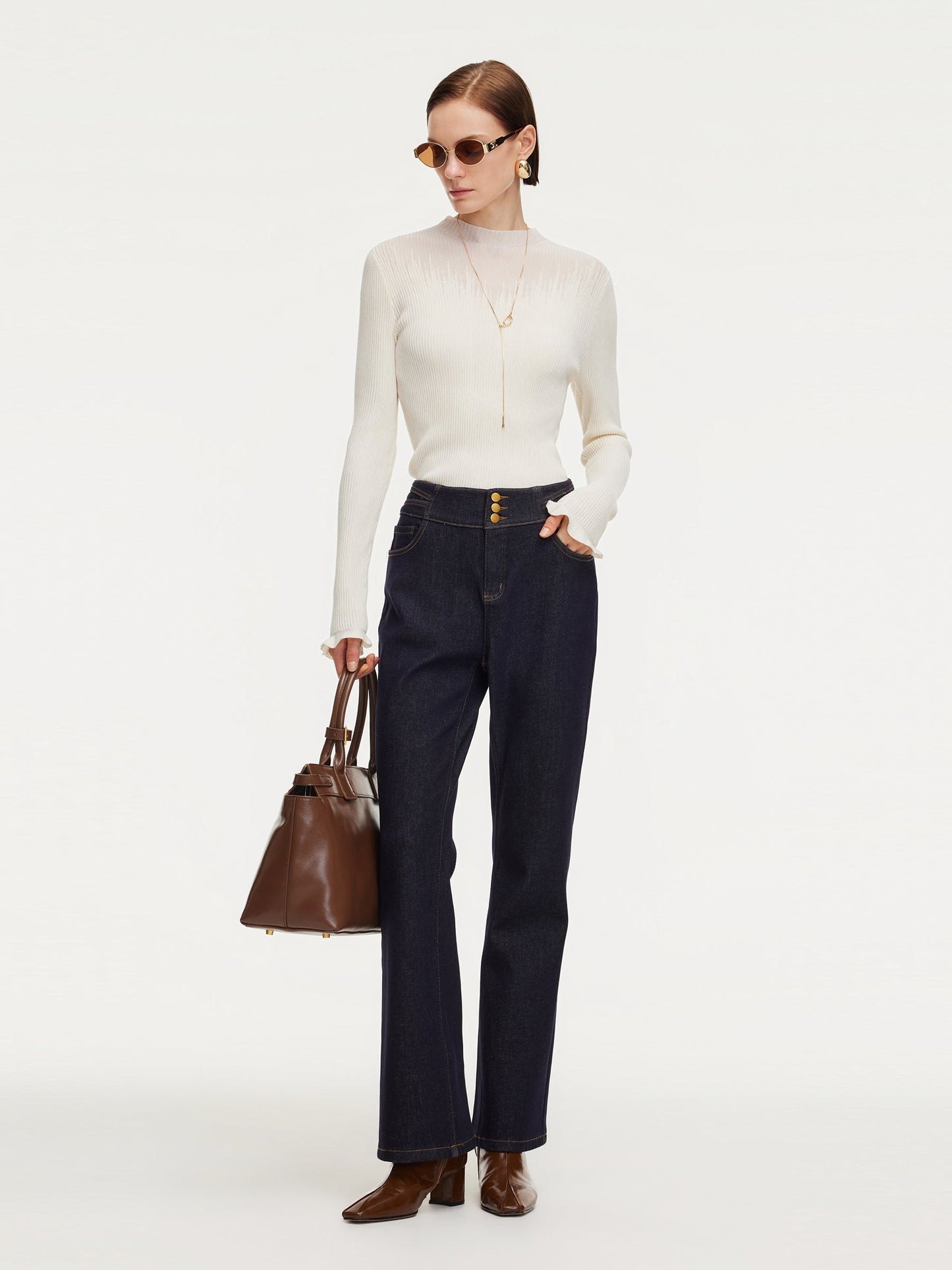 Denim High-Waisted Stretch Fleece Lined Women Micro-Flared Jeans