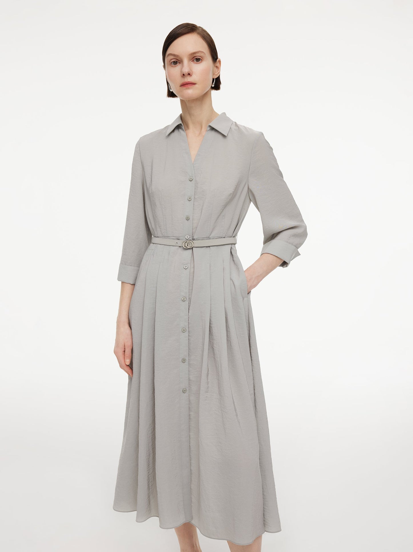 [Preview] Triacetate Blend Women Belted Maxi Shirt Dress
