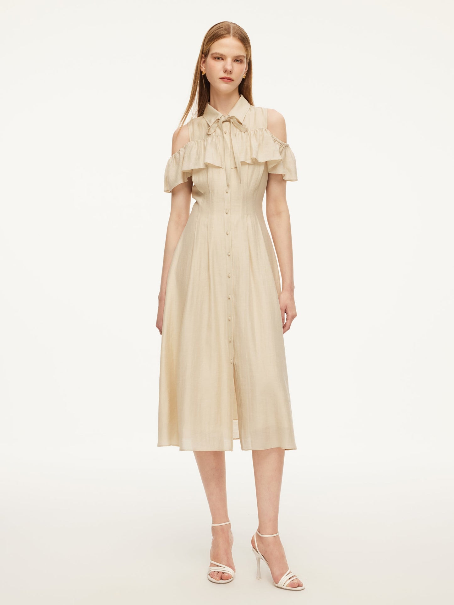 Tencel Acetate Linen Blend Cold Shoulder Women Maxi Dress