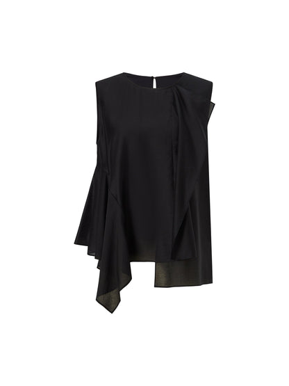 Lyocell Blend Black Ruffle-Detailing Women Tank Top