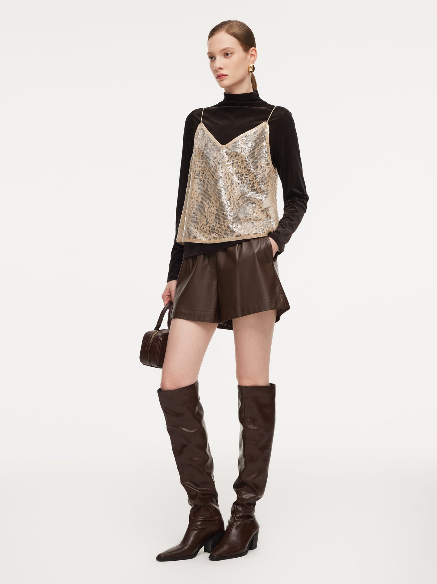 Lace Sequins Camisole And Velvet Knit Top Two-Piece Set