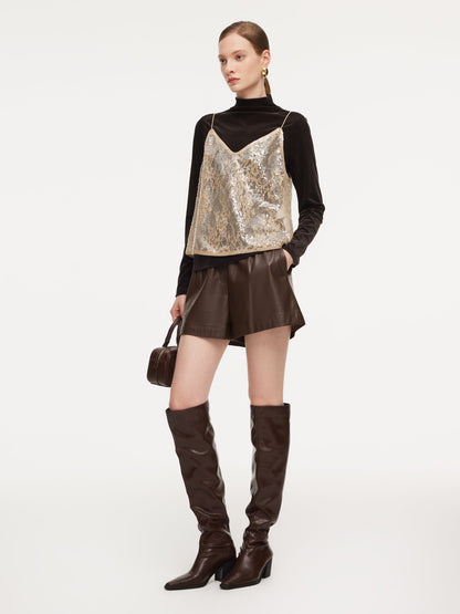 Lace Sequins Camisole And Velvet Knit Top Two-Piece Set